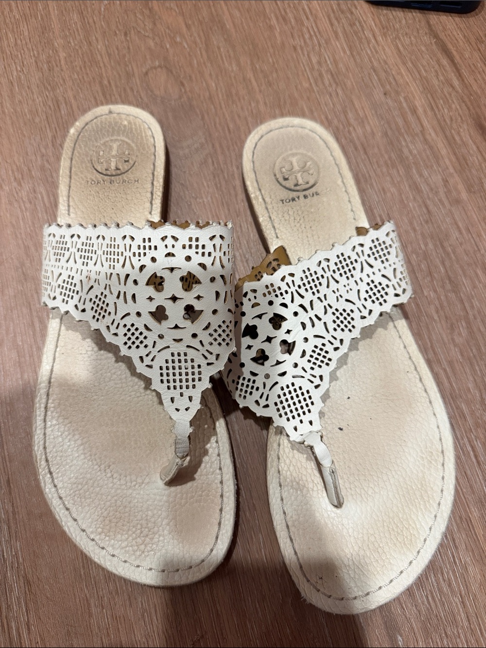 Tory Burch Cream Laser-Cut Leather Thong Sandals